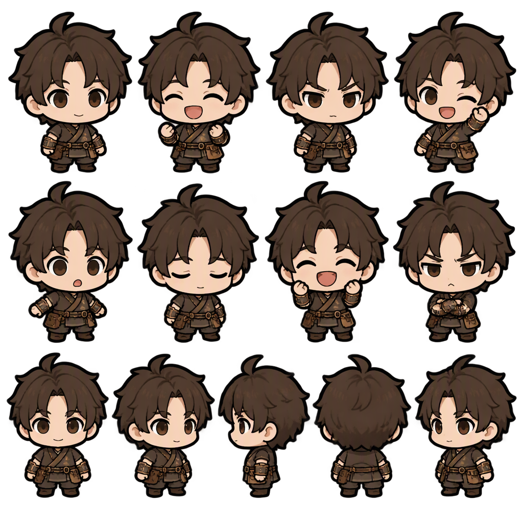 严格模仿参考图的头身比例与画风：1 头身比例（1-head-tall chibi）——头部（含头发与发饰）占据角色...