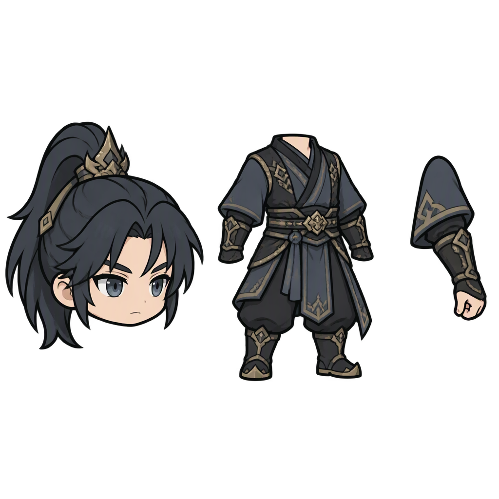 角色部件拆解展示图（character parts breakdown sheet）。把同一个游戏角色拆解成三个独...