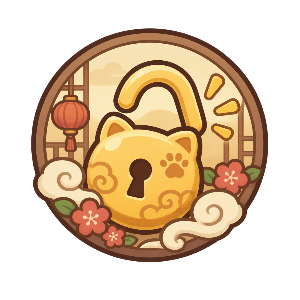 中式猫咪餐厅风格，扁平2D治愈，粗描边，米黄暖调，低饱和，色彩温暖柔和。单个圆形或圆角方形图标。 一个表示餐厅解锁...