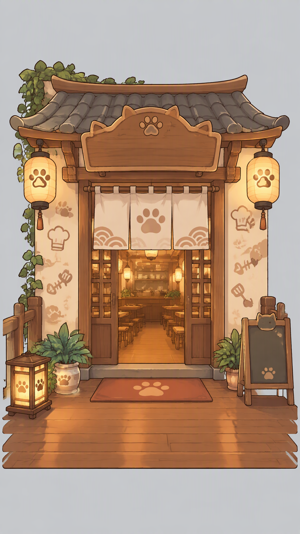 中式猫咪主题餐厅的入口场景，竖屏游戏加载背景，9:16。米黄色墙面挂着猫咪爪印、厨师帽、锅铲、鱼骨印花装饰，暖黄灯...