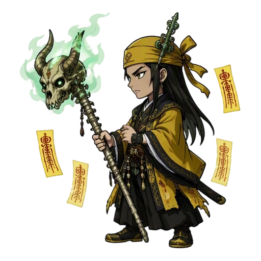 三国，黄巾妖术师，拿着绿色骷髅的法杖，向左看