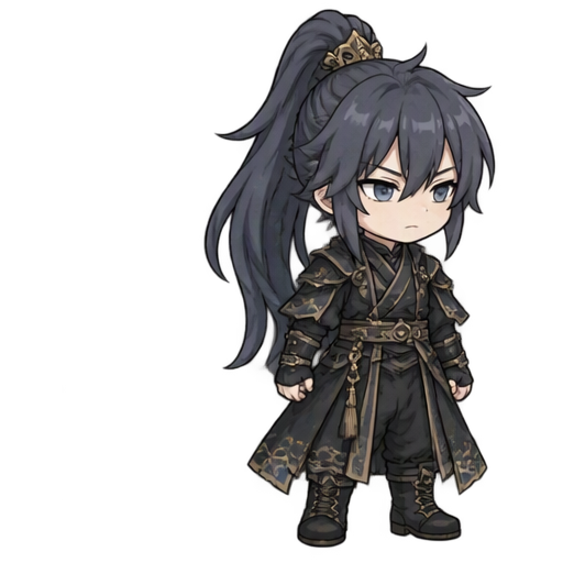 游戏角色立绘，极简 1 头身 Q 版风格（super-deformed chibi，1-head-tall pro...