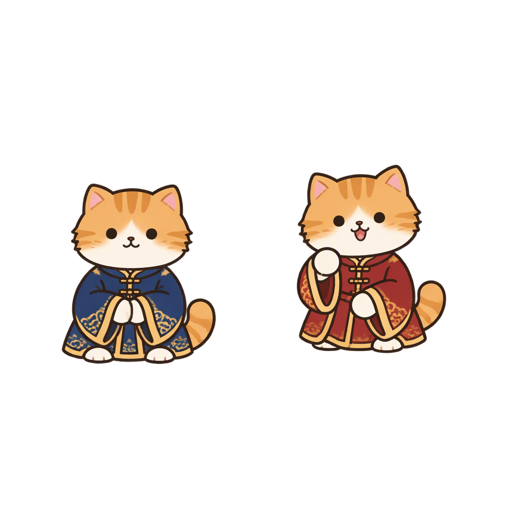 一只橘色虎斑猫，公猫，穿唐装，稳重绅士气质，坐姿，正在餐厅用餐的食客。中式猫咪餐厅画风，扁平2D治愈，粗描边，米黄...