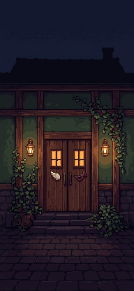 Keep the identical closed tavern door, lanterns, ivy, wal...