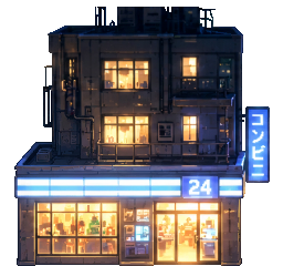 将截图中的便利店楼独立重绘为完整的像素建筑资产。底层是明亮的玻璃便利店，楼上两层深灰外墙与暖黄窗户，平屋顶有女儿墙...