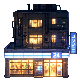 同一栋三层便利店楼的右侧视图，从建筑右方略俯视，店铺正面位于画面右侧。右侧深灰外墙有暖黄窗户、管道和少量空调，蓝色...