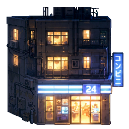 图1决定同一栋便利店建筑的身份，图2只示范斜视构图。生成与图2相反方向的三分之四视图：画面左半必须是深灰侧墙，画面...