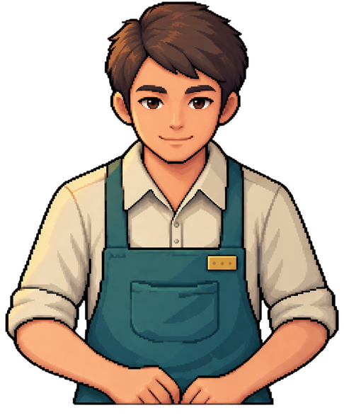 Same young shopkeeper, but now he lifts his head and look...