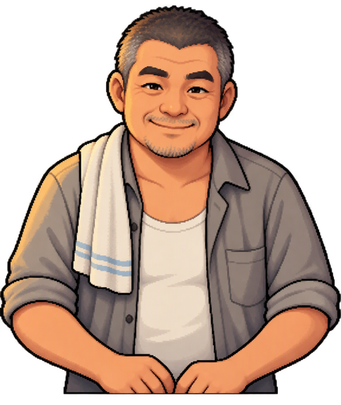 Replace him with a stocky middle-aged Chinese uncle shopk...