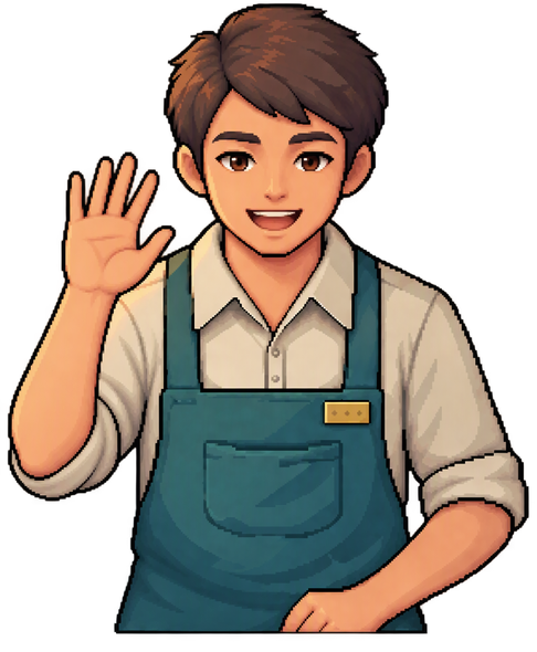 Waving hello cheerfully with the right hand raised beside...