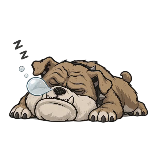 0.00-0.50秒：斗牛犬趴卧沉睡，胸腹部随着吸气缓缓起伏鼓起，鼻尖上的鼻涕泡微微膨大，空中的“Z”字气泡轻微向...