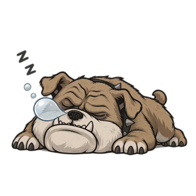 0.00-1.00秒：斗牛犬趴卧沉睡，胸背部随吸气平稳鼓起，鼻尖上的鼻涕泡逐渐膨胀变大，上方的“Z”字符号与小气泡...