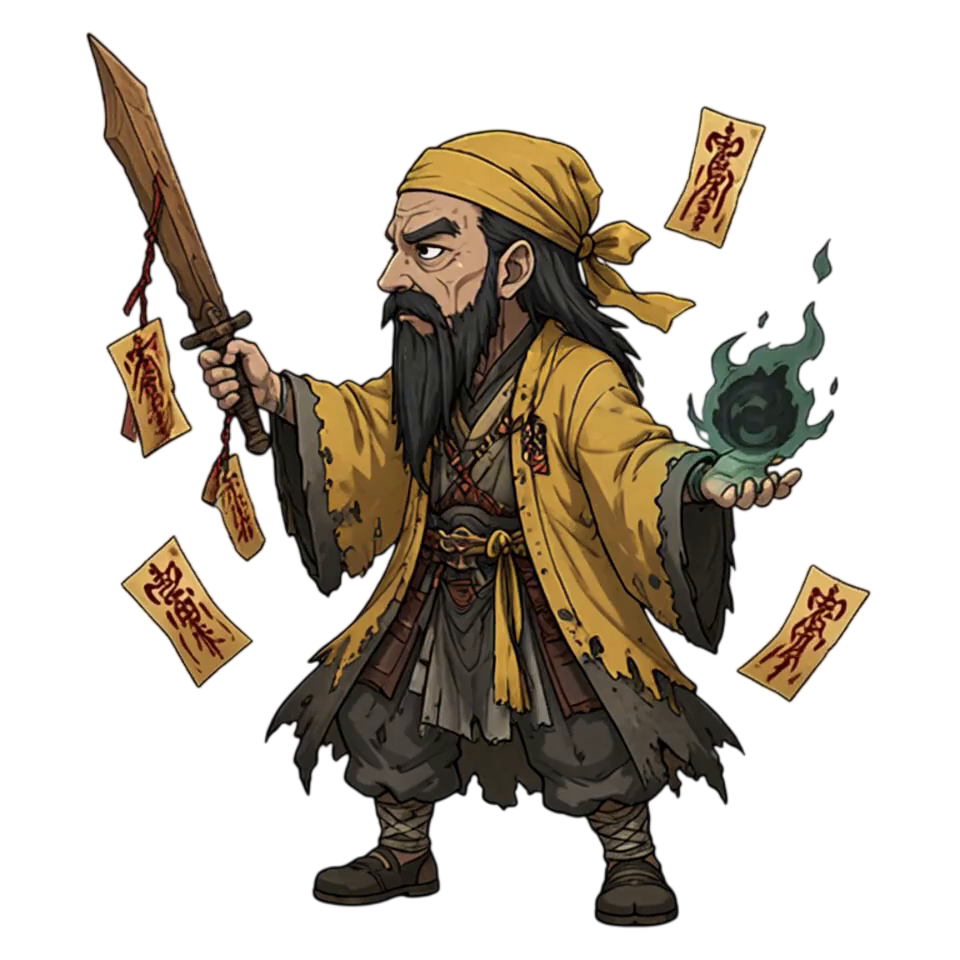 0.00-0.60秒：道士重心微向左沉，右手木剑微沉下压，左手托着绿焰向左前方平推蓄力，衣袖与悬浮符咒随法力微幅起...
