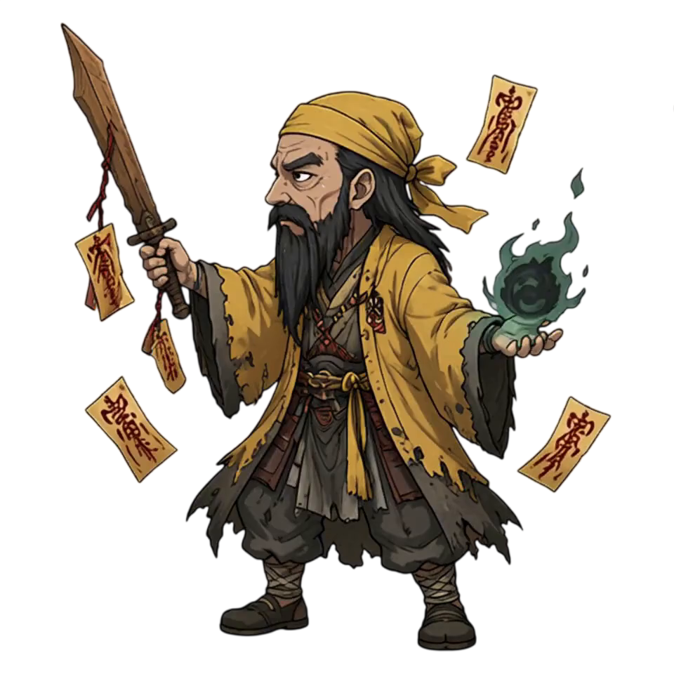 0.00-0.60秒：道士身躯受击剧烈后仰，左手幽火骤熄，右手木剑脱力下垂，双膝发软跪地。 0.60-1.20秒：...