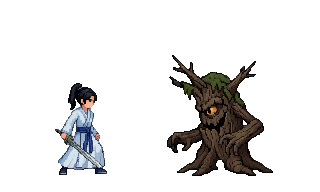为横版像素动作游戏制作32帧完整双人处决动画。严格保留参考中的两个角色，左边是黑色高马尾、白浅蓝长袍、深蓝腰带和深...