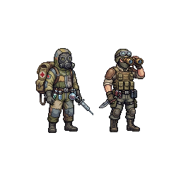 post-apocalyptic field medic with gas mask and medical ba...