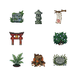 请创建一套森林神社 sprite pack，包含青苔石砖、石灯、祈福纸条、鸟居细节和配套植被道具。