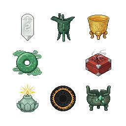 仙侠背景，宫殿祭祀物品，玉圭、青铜爵、金盏、祭天玉璧、香灰盒、莲纹灯盏、符文供盘、残破礼器
