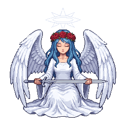 Angel girl with blue hair, white feathered wings, white d...