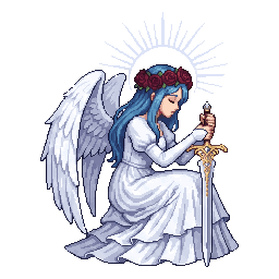 Angel girl with blue hair, white feathered wings, white d...
