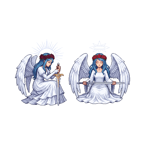 Angel girl with blue hair, white feathered wings, white d...