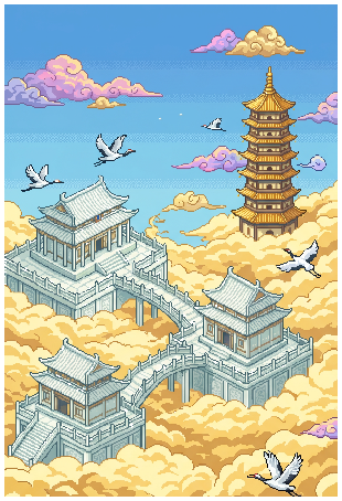 全景竖图，天宫仙阙地图，金色云海之上悬浮着白玉宫殿群，仙鹤飞舞，远处有金色琉璃塔与彩色祥云，整体色调金色天蓝，风格...