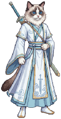 生成一个修真世界的剑修 布偶猫拟人 头部特征是猫的 门派校服 主要是白色