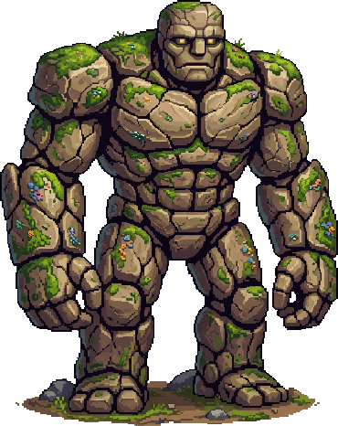 a rocky stone golem giant with cracked mossy stone skin,...