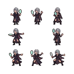 Full-body pixel art sprite of an adult female illusionist...