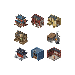 像素画风景图集，多幅场景，战棋RPG像素美术，复古日式2D角色扮演游戏，武侠仙侠美学风格，干净像素画风，通透干净背...