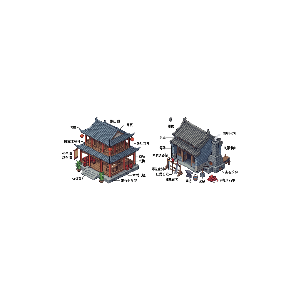 像素画风景图集，战棋RPG像素美术，复古日式2D角色扮演游戏，武侠仙侠美学风格，干净像素画风，通透干净背景，锐利的...