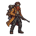 Wasteland ruin scavenger and wandering hunter, adult man...