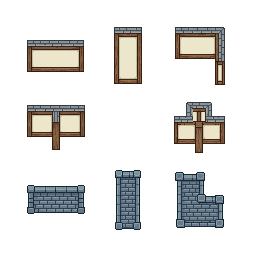 Eight separate pixel sprites of low roofless CUTAWAY wall...
