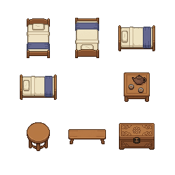 Eight individual game sprites, Beijing hutong commoner ho...