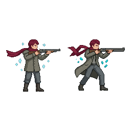 为FC废土RPG制作镜影枪手Boss，128x128原生像素。角色是一名年轻男性废土猎人，酒红短发与长尾围巾、灰色...