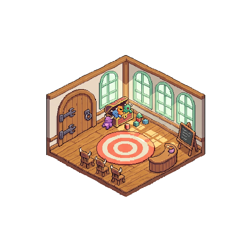 Interior of a cozy monster kindergarten classroom, top-do...