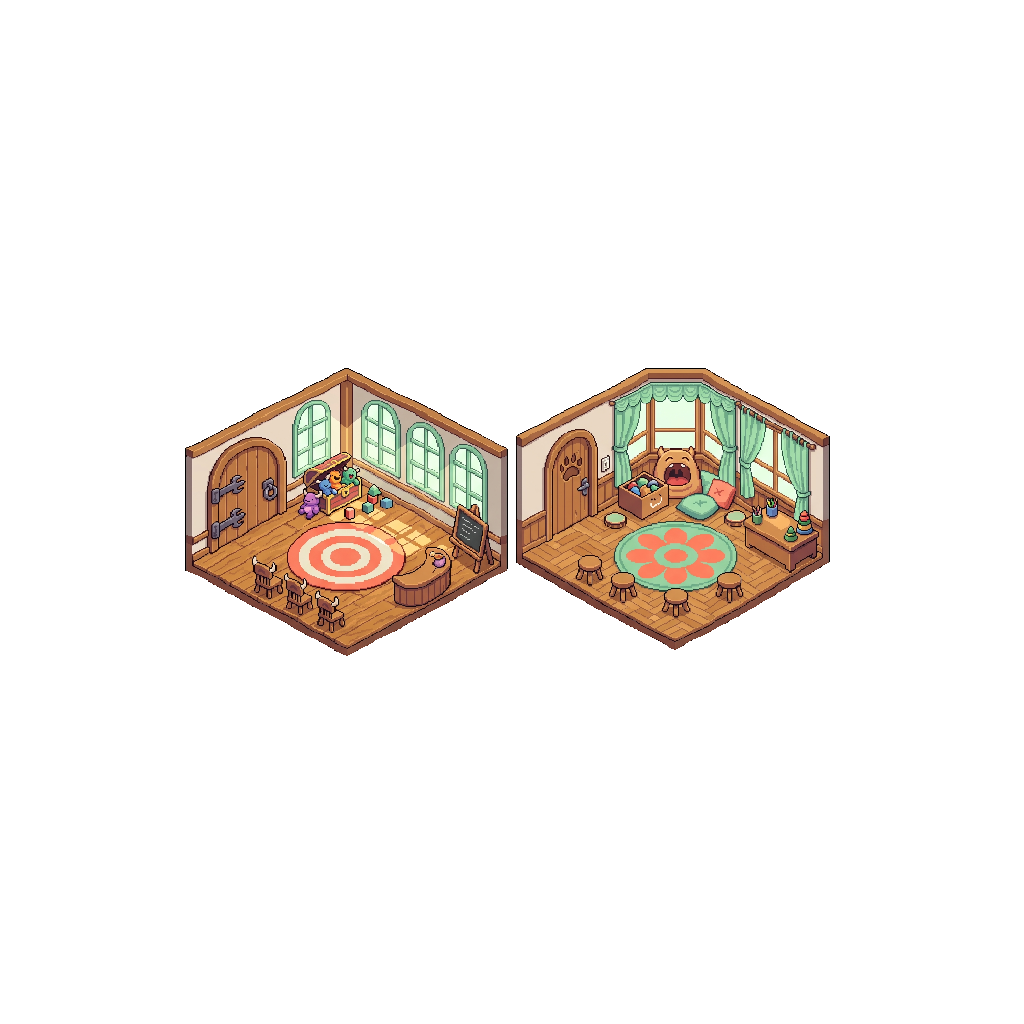 Interior of a cozy monster kindergarten classroom, top-do...