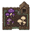 Create exactly eight DIFFERENT miniature building sprites...