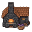 Create exactly eight DIFFERENT miniature building sprites...