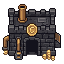 Create exactly eight DIFFERENT miniature building sprites...