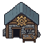 Create exactly eight DIFFERENT miniature building sprites...