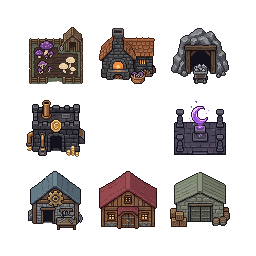 Create exactly eight DIFFERENT miniature building sprites...