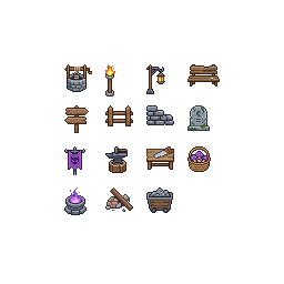 Exactly FIFTEEN DISTINCT small environment-prop sprites f...