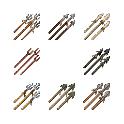 请生成一个用于俯视角2D像素风生存沙盒游戏的鱼叉枪弹药（Harpoon Ammo）Sprite。 这是游戏中的远程...