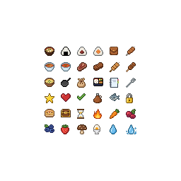 Create 36 different everyday food and object icons in the...