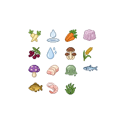 Create a cohesive set of 15 small pixel icons. Use the cl...