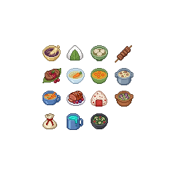 Create a cohesive set of 15 small pixel icons. Use the cl...