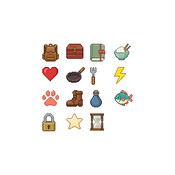 Create a cohesive set of 15 small pixel icons. Use the cl...