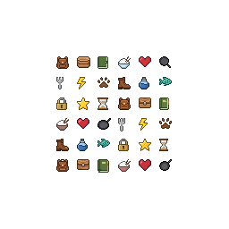 Create a cohesive set of 36 small pixel icons. Use the cl...
