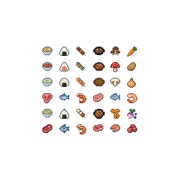 Create a cohesive set of 36 small pixel icons. Use the cl...